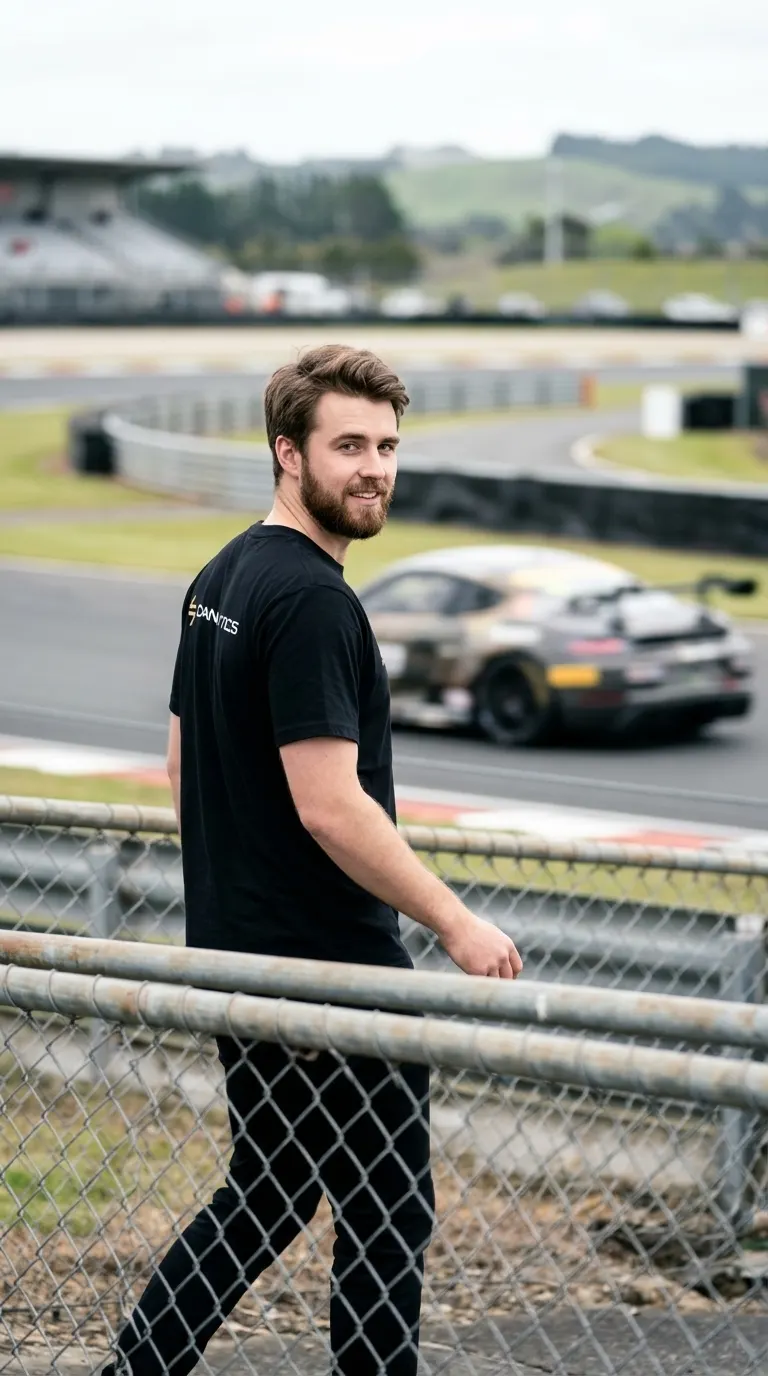 Man in the black Cannalytics tee walking beside the circuit fence