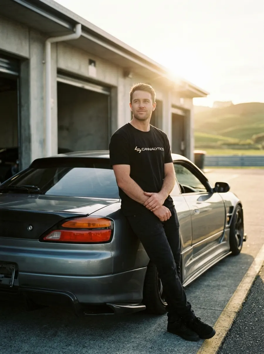 Man in the black Cannalytics tee leaning on a silver car outside a pit garage