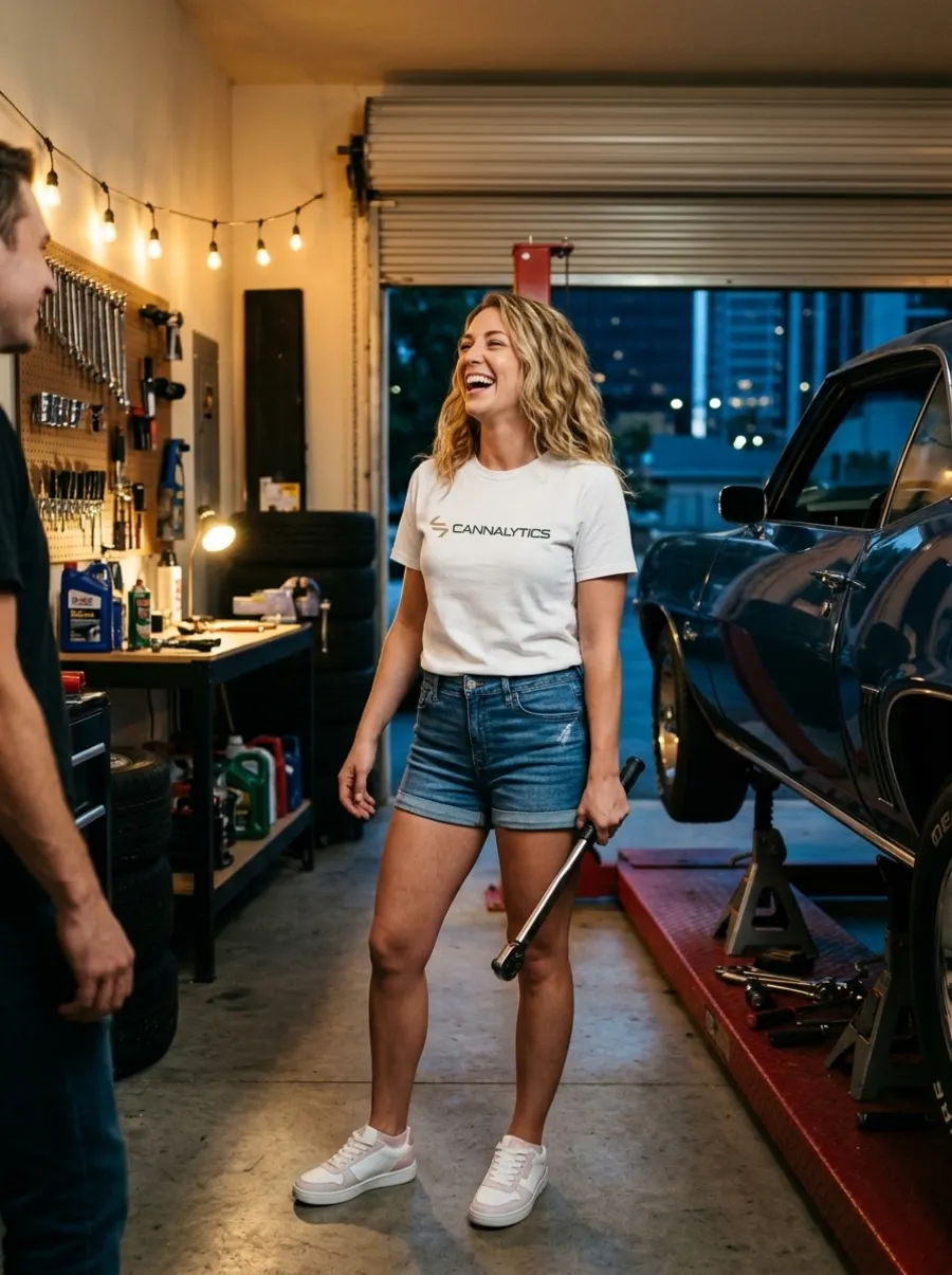 Woman in the white Cannalytics tee laughing in a home garage