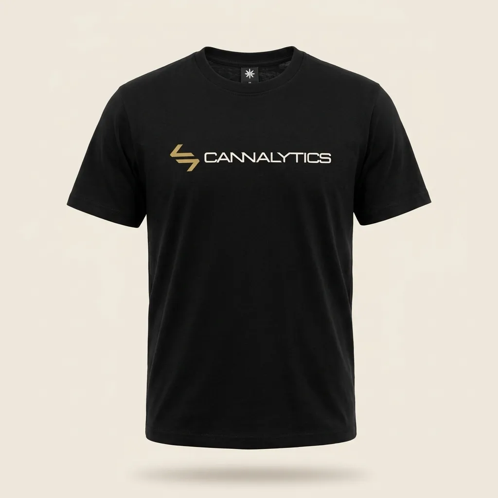 Black Cannalytics tee laid flat on a cream backdrop