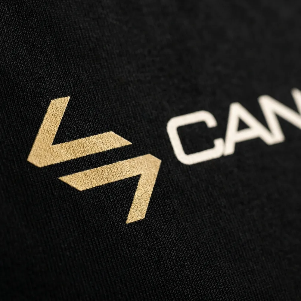 Close up of the gold chevron mark and cream wordmark print on the black tee